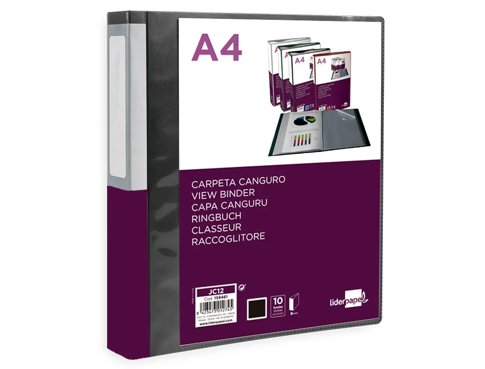 Protege-documents liderpapel personnalisable kangourou polypropylene 10 pochettes fixes a4 coloris noir opaque