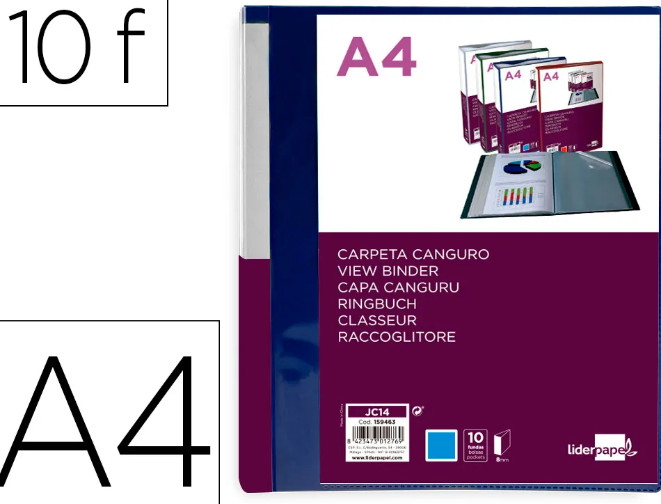Protege-documents liderpapel personnalisable kangourou polypropylene 10 pochettes fixes a4 coloris bleu