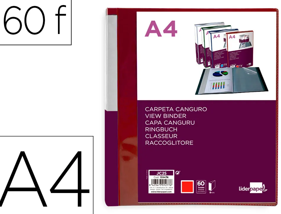 Protege-documents liderpapel personnalisable kangourou polypropylene 60 pochettes fixes a4 coloris rouge