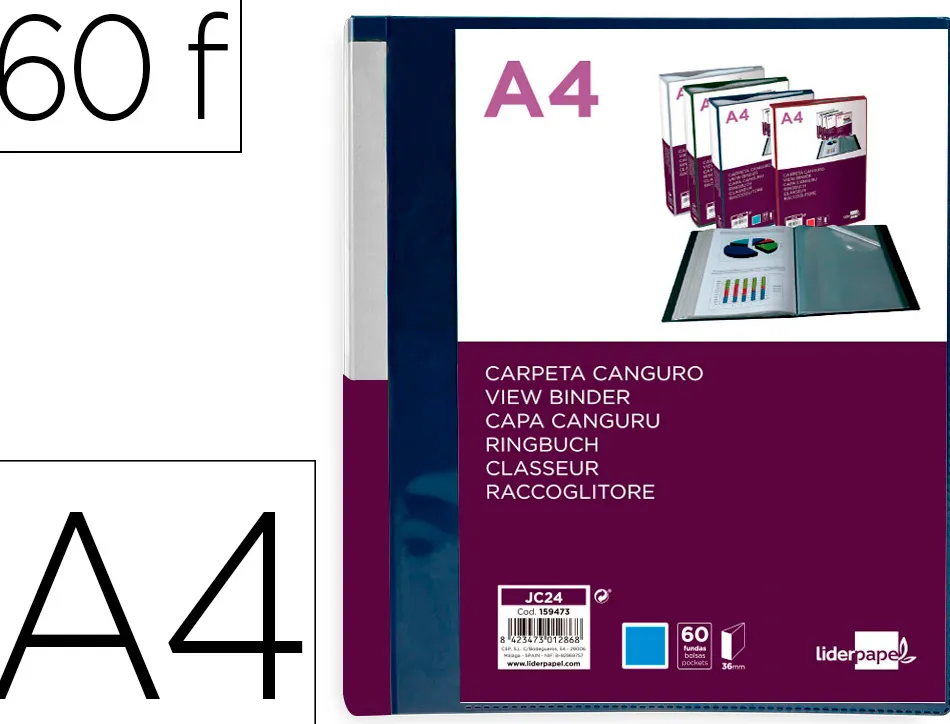 Protege-documents liderpapel personnalisable kangourou polypropylene 60 pochettes fixes a4 coloris bleu