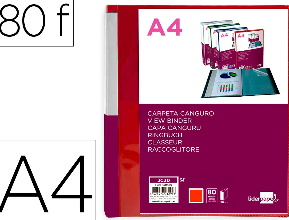 Protege-documents liderpapel personnalisable kangourou polypropylene 80 pochettes fixes a4 coloris rouge translucide