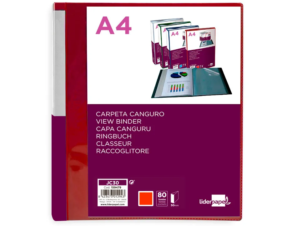 Protege-documents liderpapel personnalisable kangourou polypropylene 80 pochettes fixes a4 coloris rouge translucide