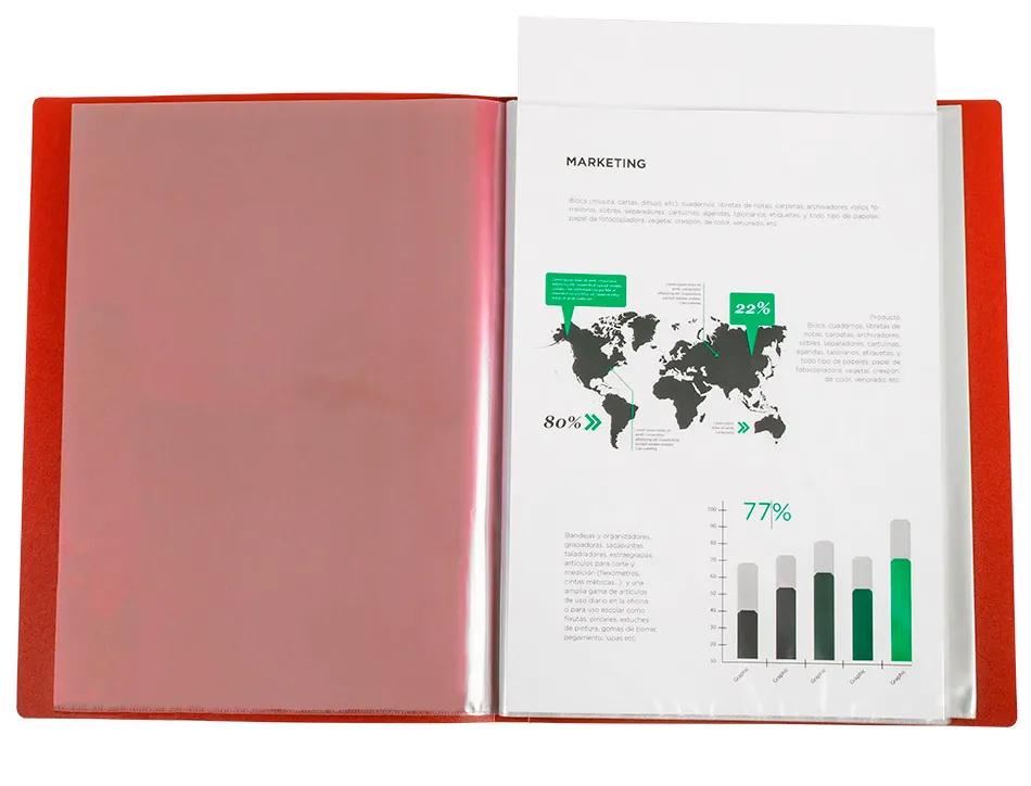 Protege-documents liderpapel personnalisable kangourou polypropylene 80 pochettes fixes a4 coloris rouge translucide