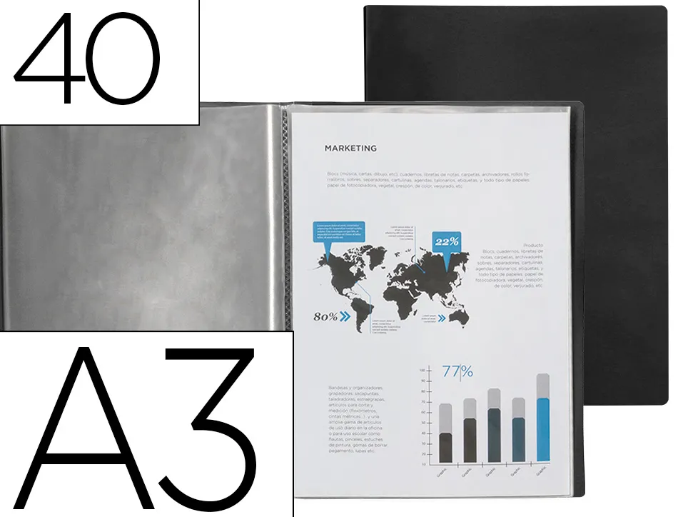 Protege-documents liderpapel polypropylene couverture flexible 40 pochettes fixes a3 coloris noir opaque