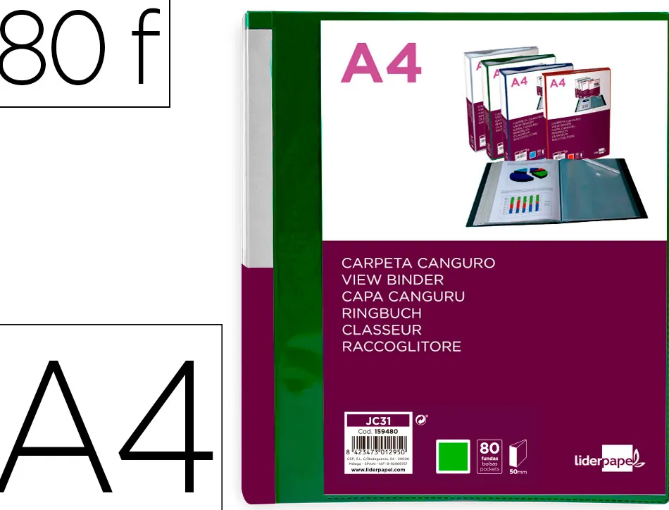 Protege-documents liderpapel personnalisable kangourou polypropylene 80 pochettes fixes a4 coloris vert