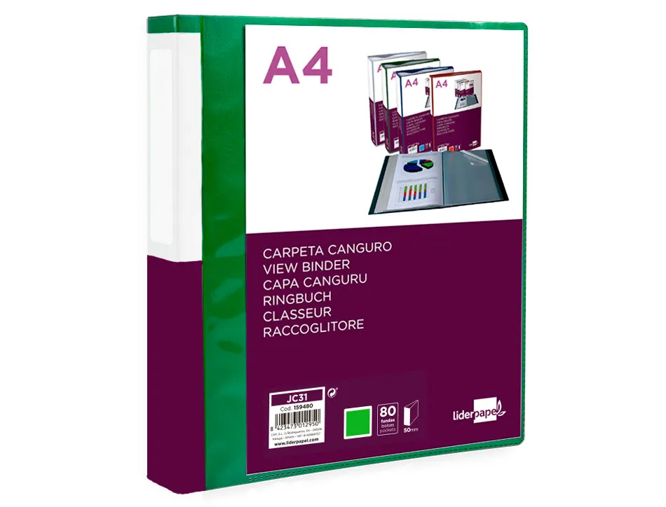 Protege-documents liderpapel personnalisable kangourou polypropylene 80 pochettes fixes a4 coloris vert
