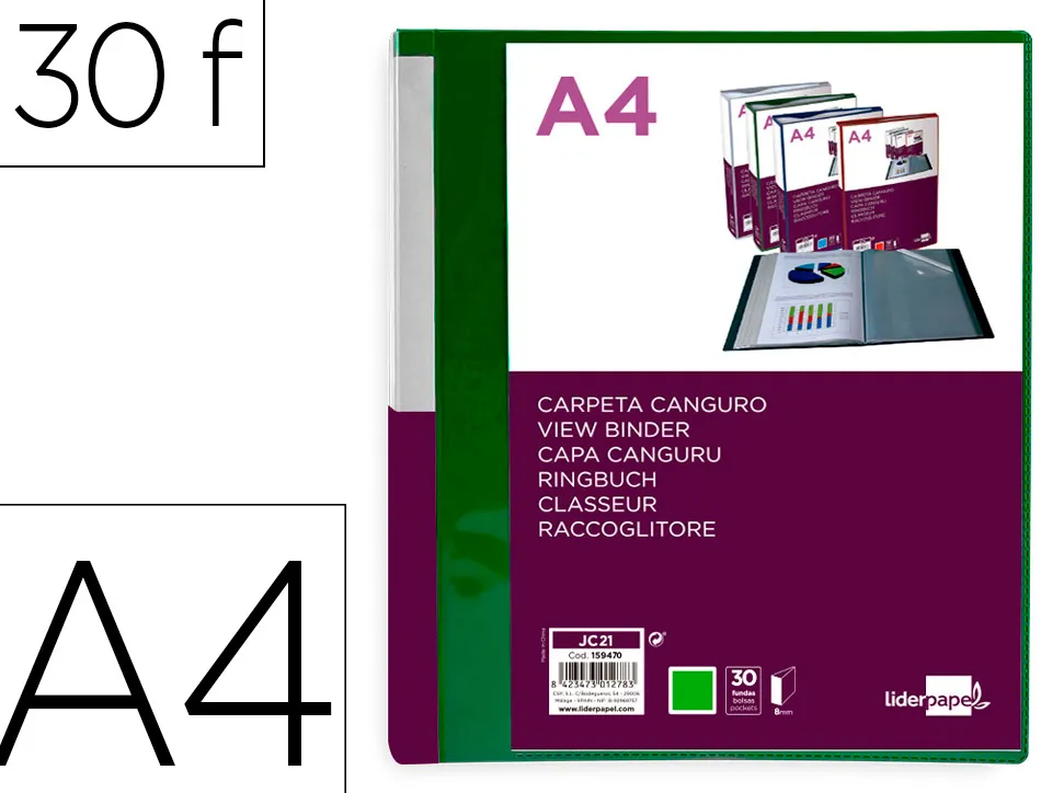 Protege-documents liderpapel personnalisable kangourou polypropylene 30 pochettes fixes a4 coloris vert