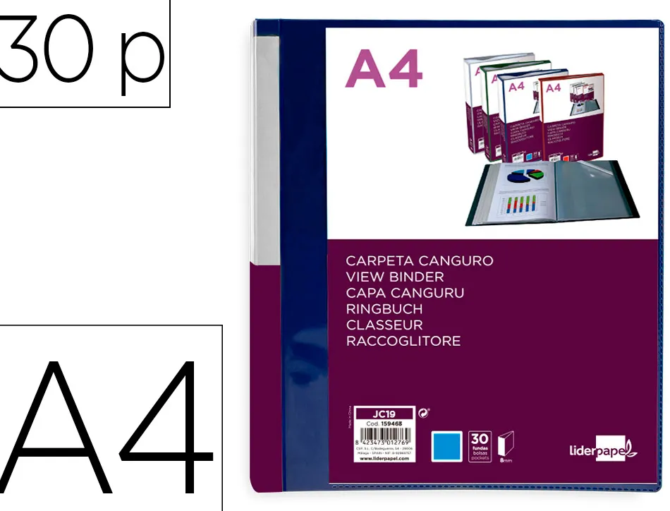 Protege-documents liderpapel personnalisable kangourou polypropylene 30 pochettes fixes a4 coloris bleu