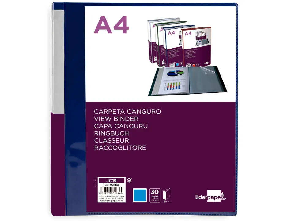 Protege-documents liderpapel personnalisable kangourou polypropylene 30 pochettes fixes a4 coloris bleu