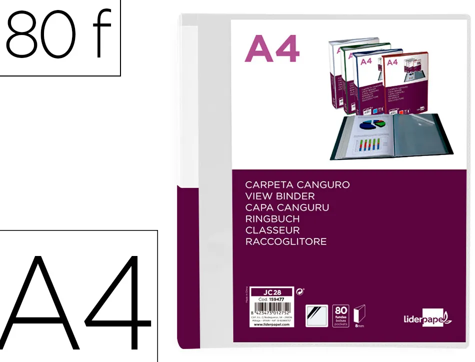 Protege-documents liderpapel personnalisable kangourou polypropylene 80 pochettes fixes a4 coloris transparent