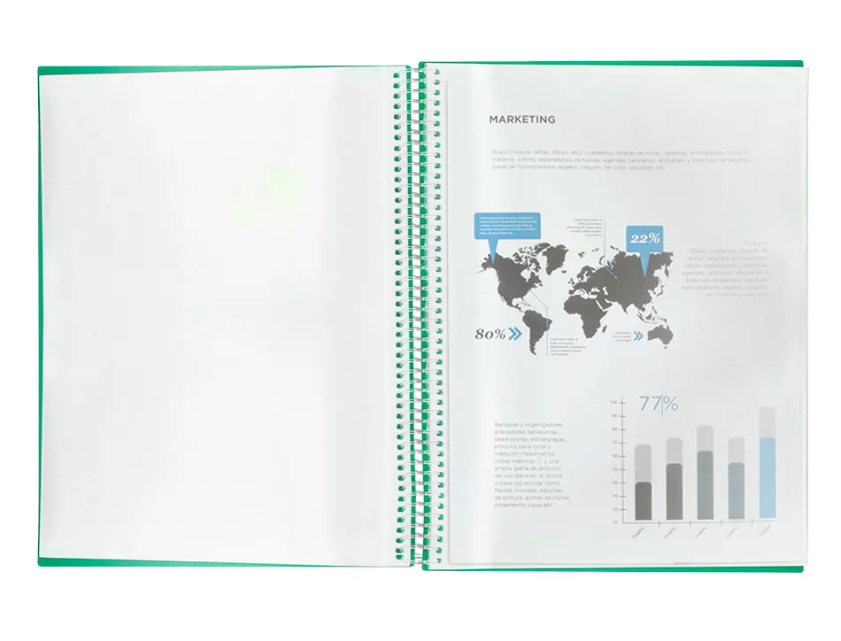 Protège-documents liderpapel polypropylène couverture rigide spirale 30 pochettes fixes a4 210x297mm coloris vert