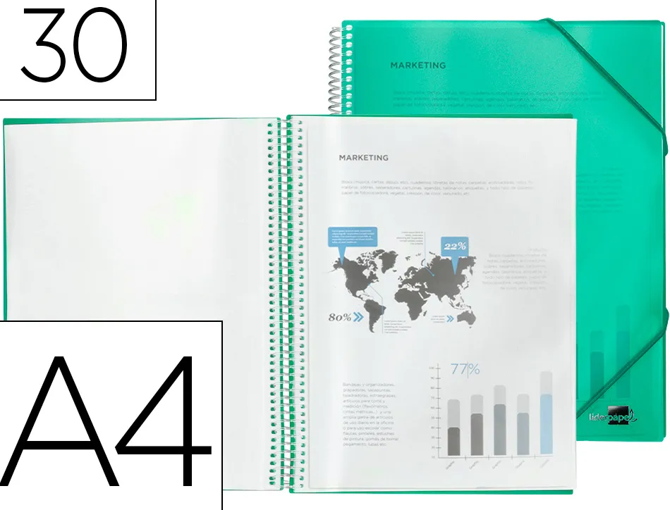 Protège-documents liderpapel polypropylène couverture rigide spirale 30 pochettes fixes a4 210x297mm coloris vert