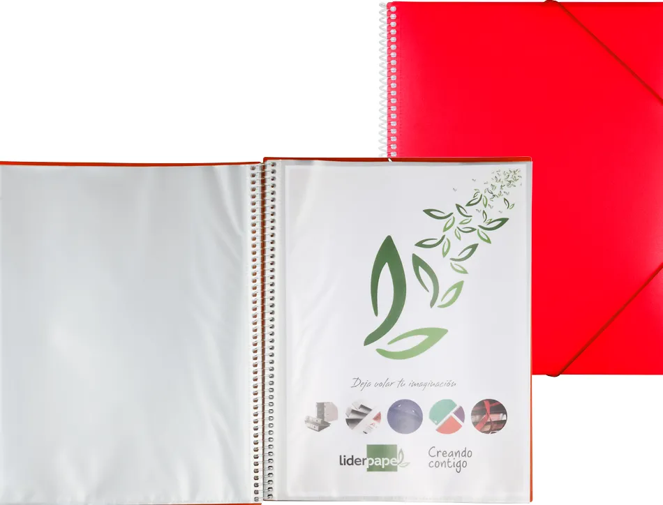 Protège-documents liderpapel polypropylène couverture rigide spirale 50 pochettes fixes a4 210x297mm coloris rouge