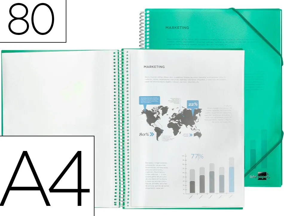 Protège-documents liderpapel polypropylène couverture rigide spirale 80 pochettes fixes a4 210x297mm coloris vert