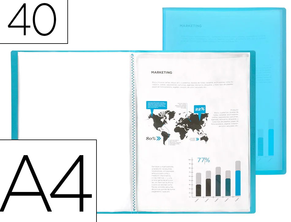 Protège-documents liderpapel polypropylène couverture flexible 40 pochettes fixes a4 210x297mm bleu translucide