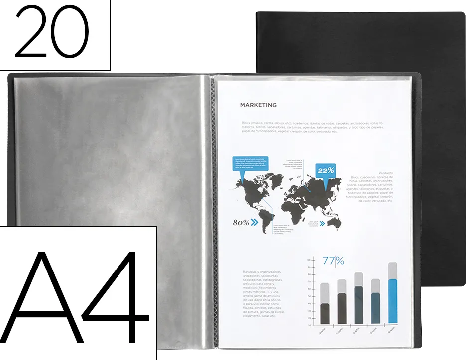 Protège-documents liderpapel polypropylène couverture flexible 20 pochettes fixes a4 210x297mm noir opaque