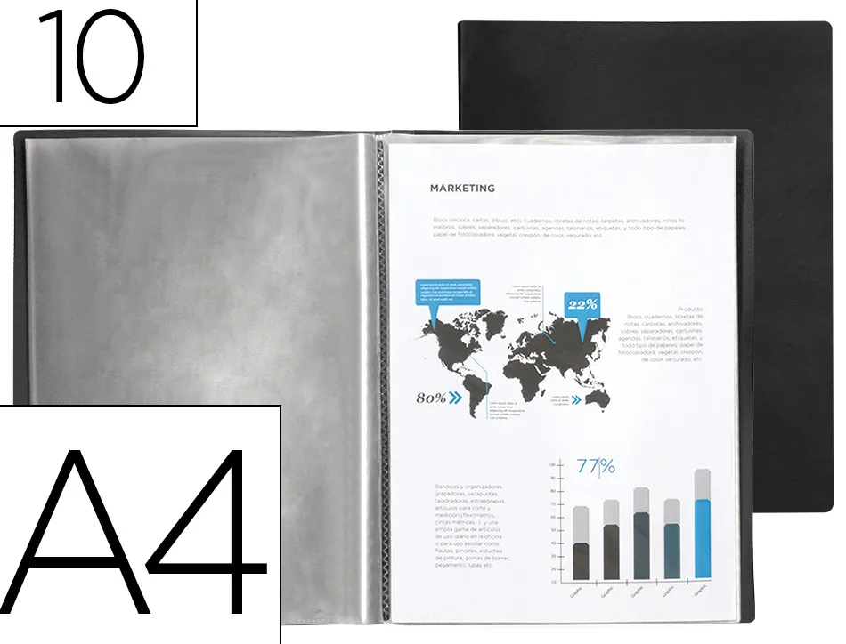 Protège-documents liderpapel polypropylène couverture flexible 10 pochettes fixes a4 210x297mm noir opaque