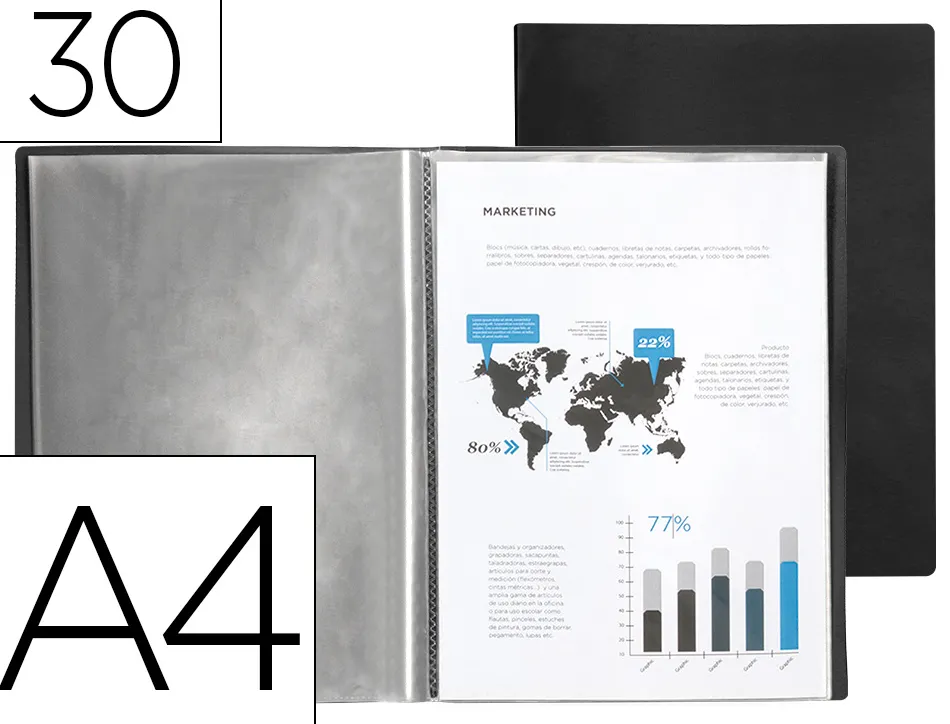Protège-documents liderpapel polypropylène couverture flexible 30 pochettes fixes a4 210x297mm noir opaque