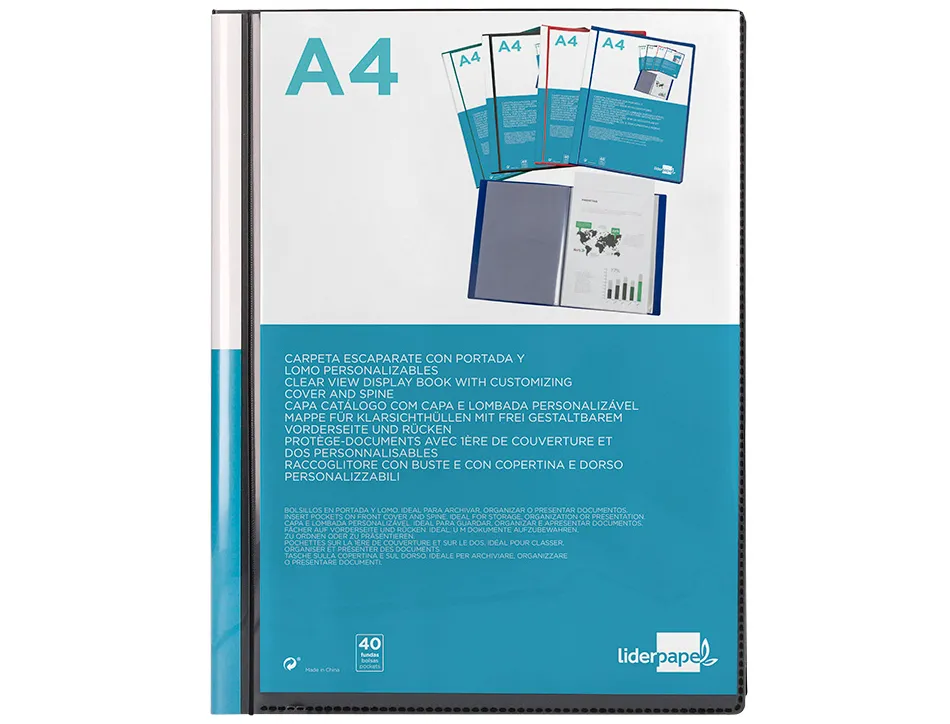 Protège-documents liderpapel personnalisable kangourou polypropylène 40 pochettes fixes a4 210x297mm coloris noir
