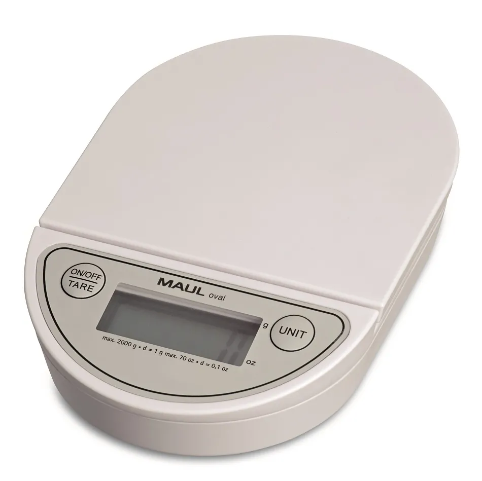 Pèse-lettres mauloval électronique à pile 2kg pile cr2032 fournie diamètre plateau 120mm dimensions 180x120x30mm blanc