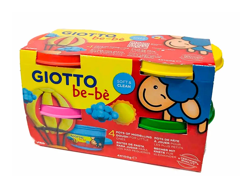 Pâte à modeler giotto be-bè testé dermatologiquement coloris assortis rouge jaune magenta vert 4 pots 100g