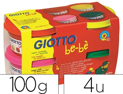 Pâte à modeler giotto be-bè testé dermatologiquement coloris assortis rouge jaune magenta vert 4 pots 100g