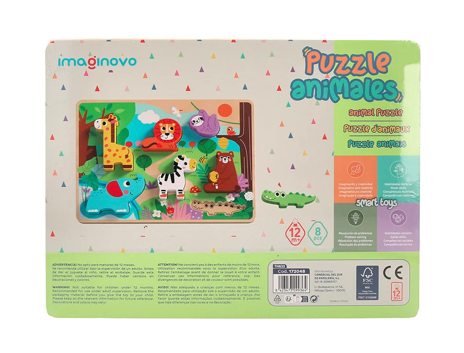 Puzzle enfant imaginovo animaux 3d bois +12 mois 8 pieces 29,5x22x1,7 cm