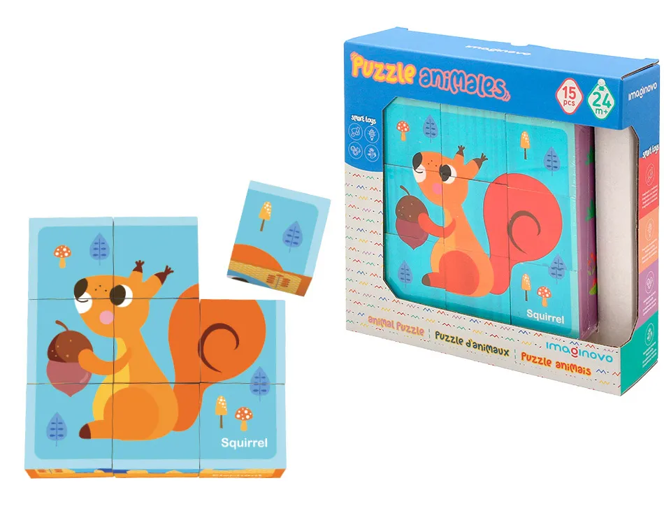 Puzzle enfant imaginovo cubes d'animaux bois +24 mois 15 pieces 12 modeles inclus 22x22x6,4 cm