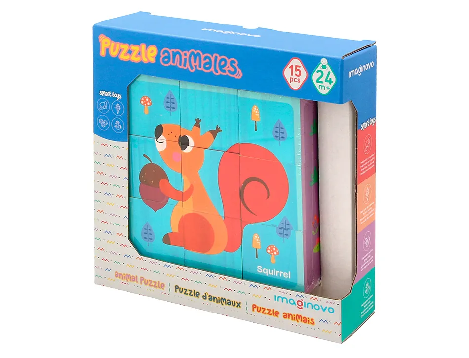Puzzle enfant imaginovo cubes d'animaux bois +24 mois 15 pieces 12 modeles inclus 22x22x6,4 cm