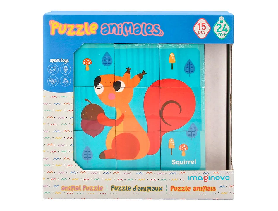 Puzzle enfant imaginovo cubes d'animaux bois +24 mois 15 pieces 12 modeles inclus 22x22x6,4 cm
