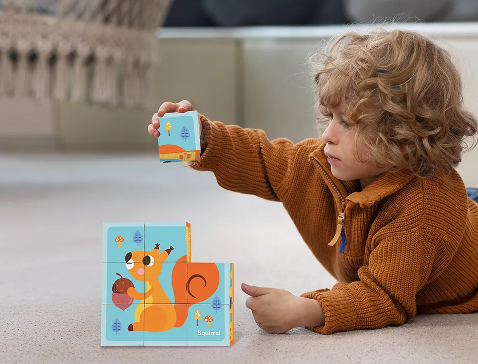 Puzzle enfant imaginovo cubes d'animaux bois +24 mois 15 pieces 12 modeles inclus 22x22x6,4 cm