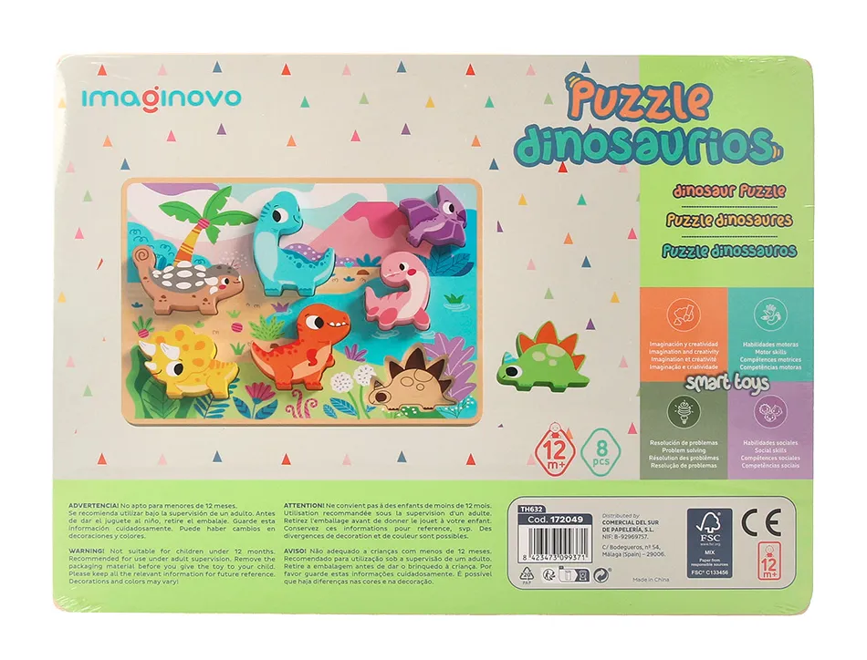 Puzzle enfant imaginovo dinosaures 3d bois +12 mois 8 pieces 29,5x22x1,7 cm