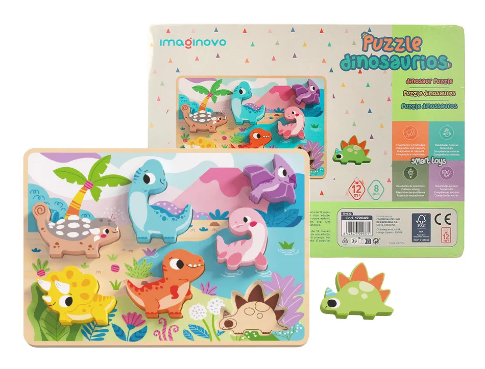 Puzzle enfant imaginovo dinosaures 3d bois +12 mois 8 pieces 29,5x22x1,7 cm