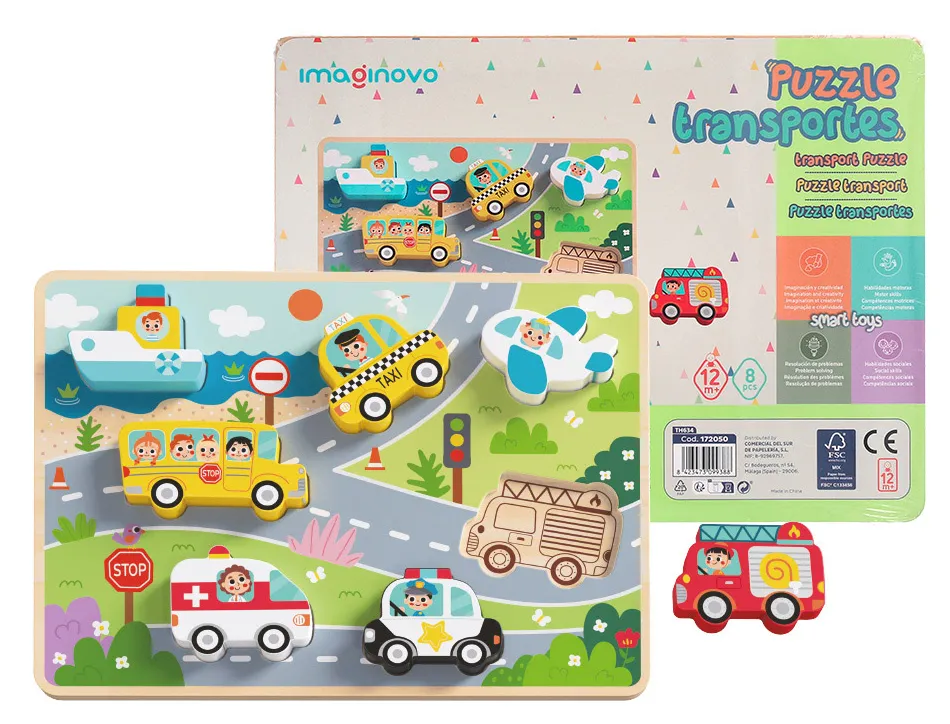 Puzzle enfant imaginovo vehicules 3d bois +12 mois 8 pieces 29,5x22x1,7 cm