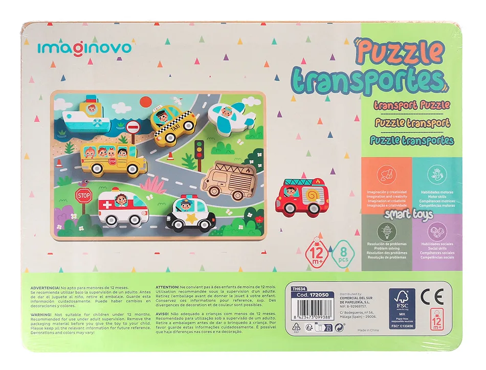 Puzzle enfant imaginovo vehicules 3d bois +12 mois 8 pieces 29,5x22x1,7 cm