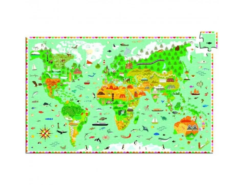 Puzzles cartes du monde djeco tour du monde 200 pieces 1 poster modele et 1 livret