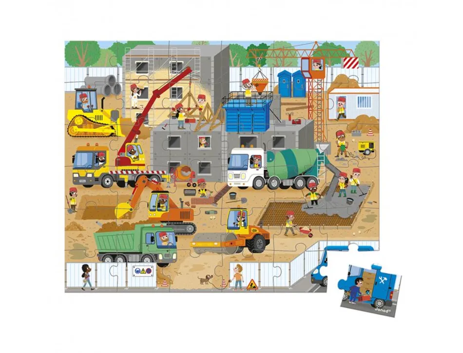 Puzzles carton 30 a 40 pieces janod le chantier 36 pieces et 1 poster modele