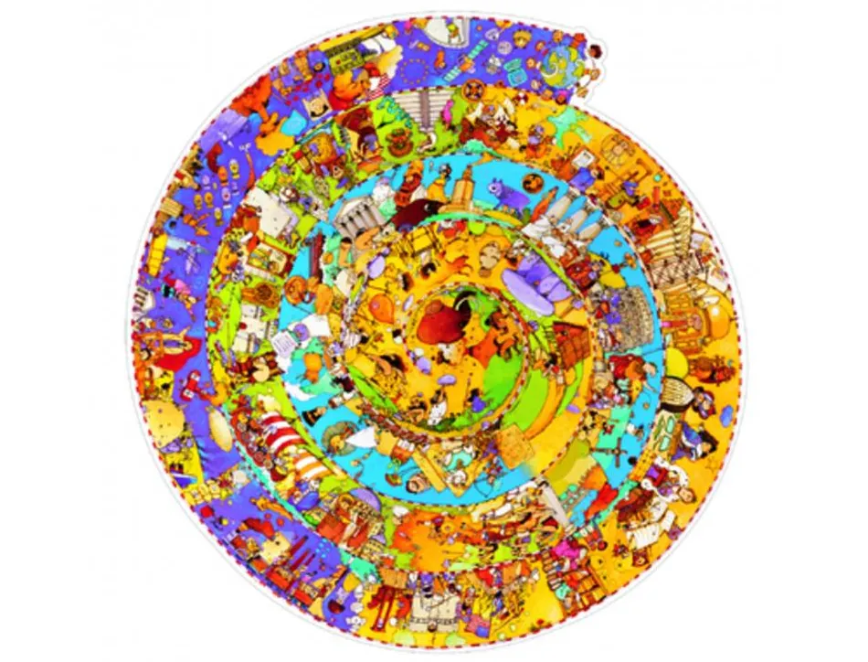 Puzzles carton 350 pieces djeco histoire + livret rond fresque historique 350 pieces et poster de meme taille