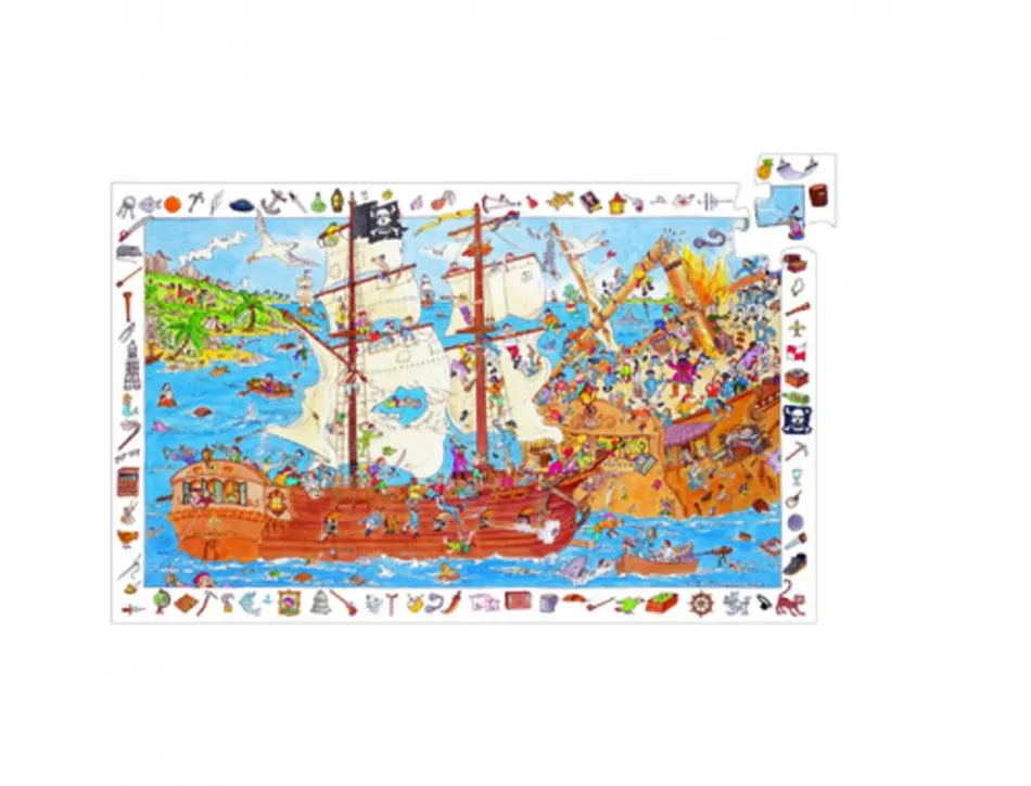 Puzzles carton d observation djeco les pirates 100 pieces et 1 poster modele