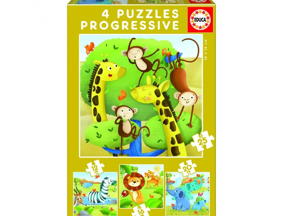 Puzzles progressifs educa les animaux sauvages en carton epais 4 puzzles 12 16 20 et 25 pieces