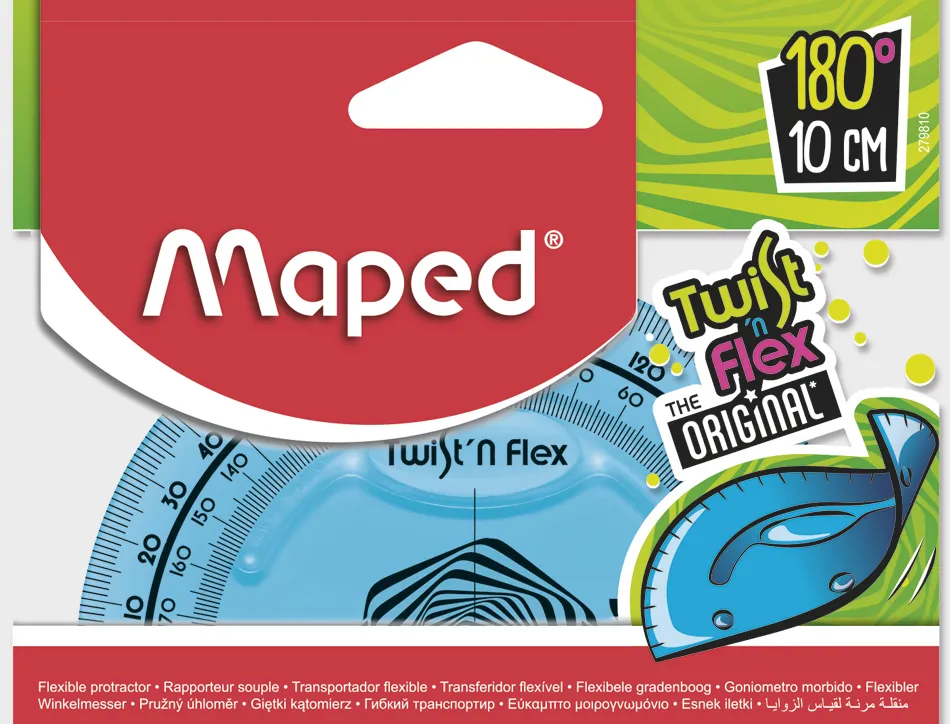 Rapporteur maped twist'n'flex 180 degrés 10cm gradué souple incassable ludique 3 coloris assortis bleu vert rose