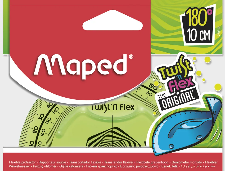 Rapporteur maped twist'n'flex 180 degrés 10cm gradué souple incassable ludique 3 coloris assortis bleu vert rose
