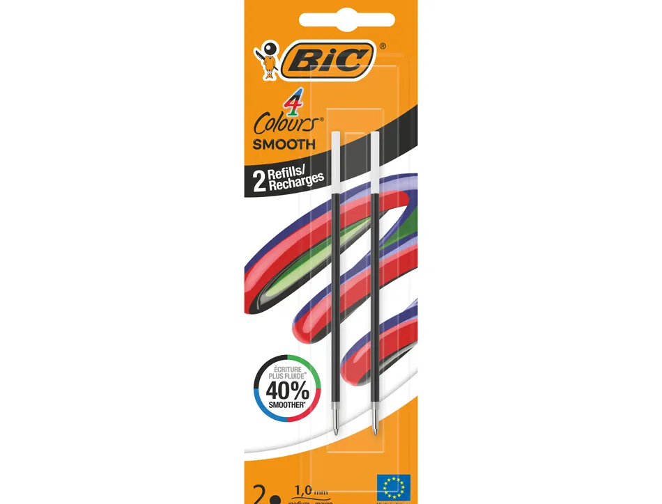 Recharge bic stylo-bille 4 couleurs smooth pointe moyenne 1mm encre noire blister 2 unites