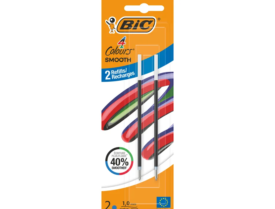 Recharge bic stylo-bille 4 couleurs smooth pointe moyenne 1mm encre bleue blister 2 unites