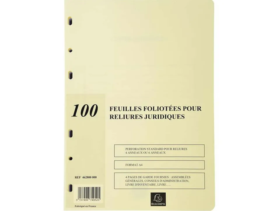 Recharge exacompta pour reliure juridiques 4 ou 6 anneaux a4 100 feuillets mobiles foliotés