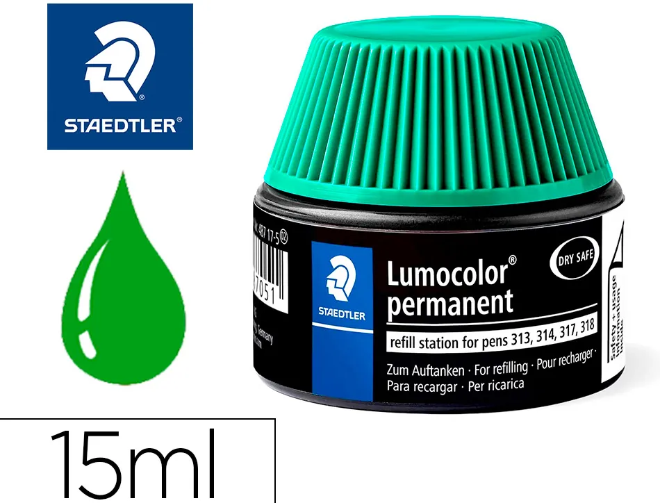 Recharge feutre permanent staedtler lumocolor 487 17 pour feutres 313/314/317/318 flacon 15ml coloris vert