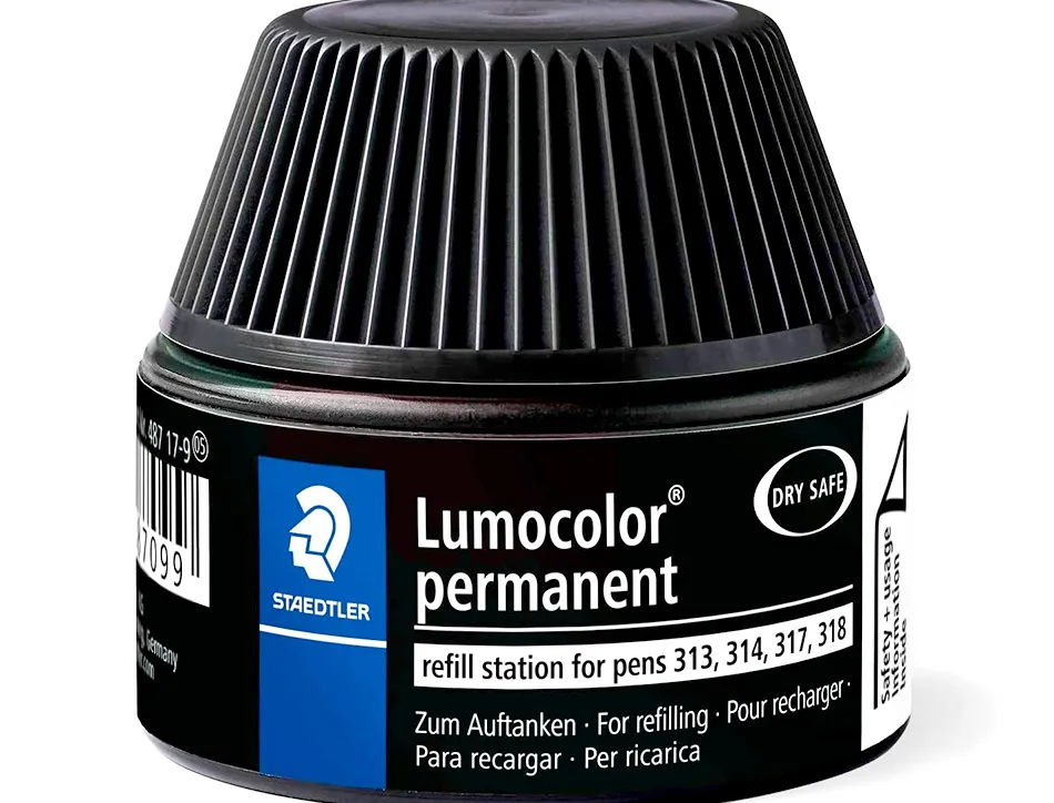 Recharge feutre permanent staedtler lumocolor 487 17 pour feutres 313/314/317/318 flacon 15ml coloris noir