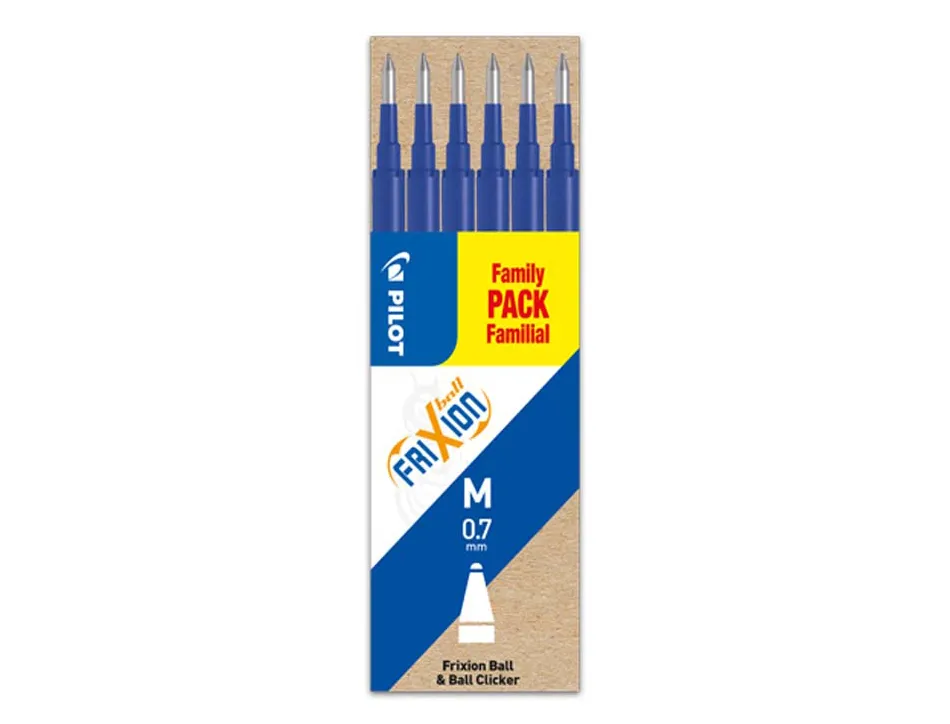 Recharge roller pilot frixion ball clicker encre gel thermosensible pointe moyenne set 6 unités coloris bleu