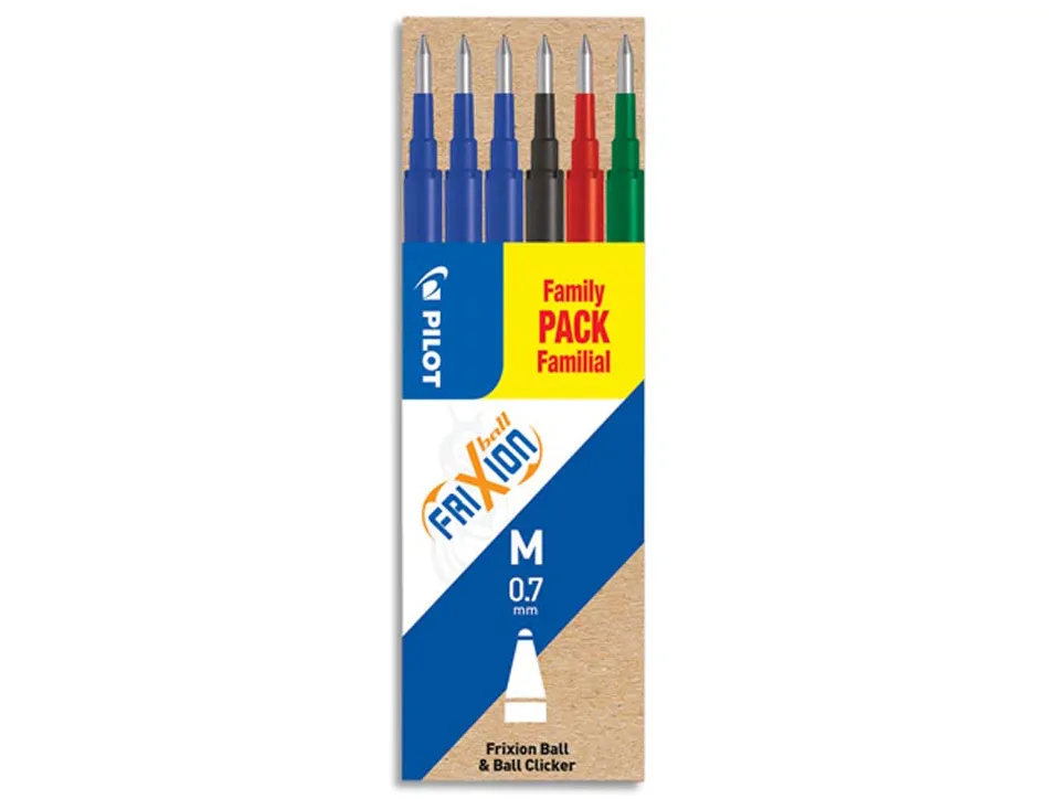 Recharge roller pilot frixion ball clicker encre gel pointe moyenne 0,7mm set 6 unités 3 bleus 1 noir 1 rouge 1 vert