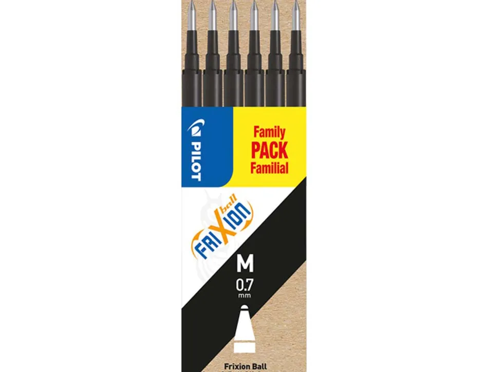Recharge roller pilot frixion ball clicker encre gel thermosensible pointe moyenne set 6 unités coloris noir